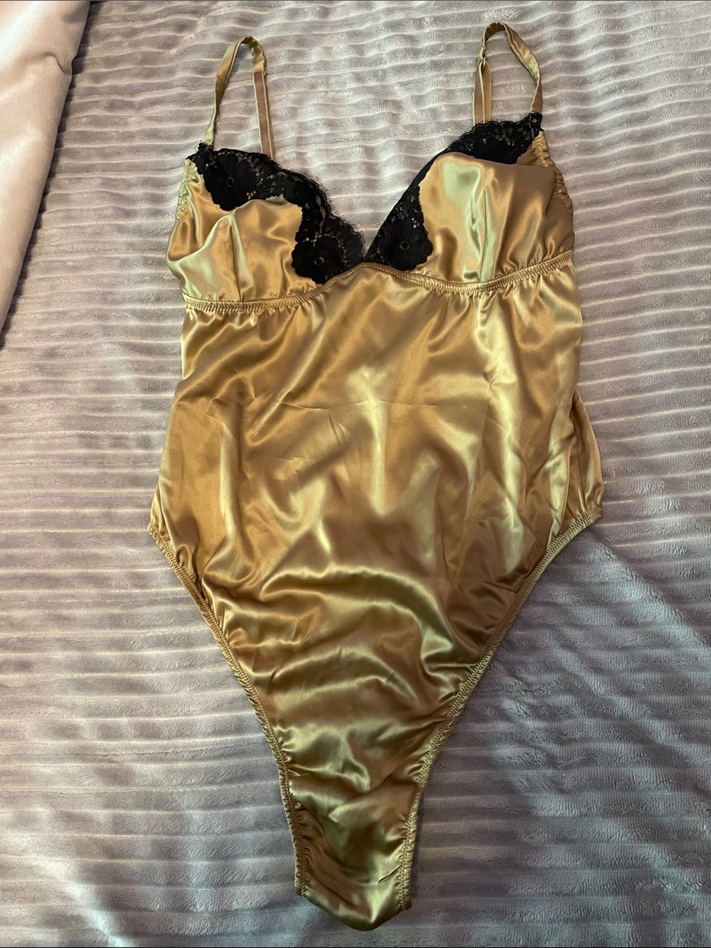 Victoria's Secret Gold Satin Bodysuit with Black Lace